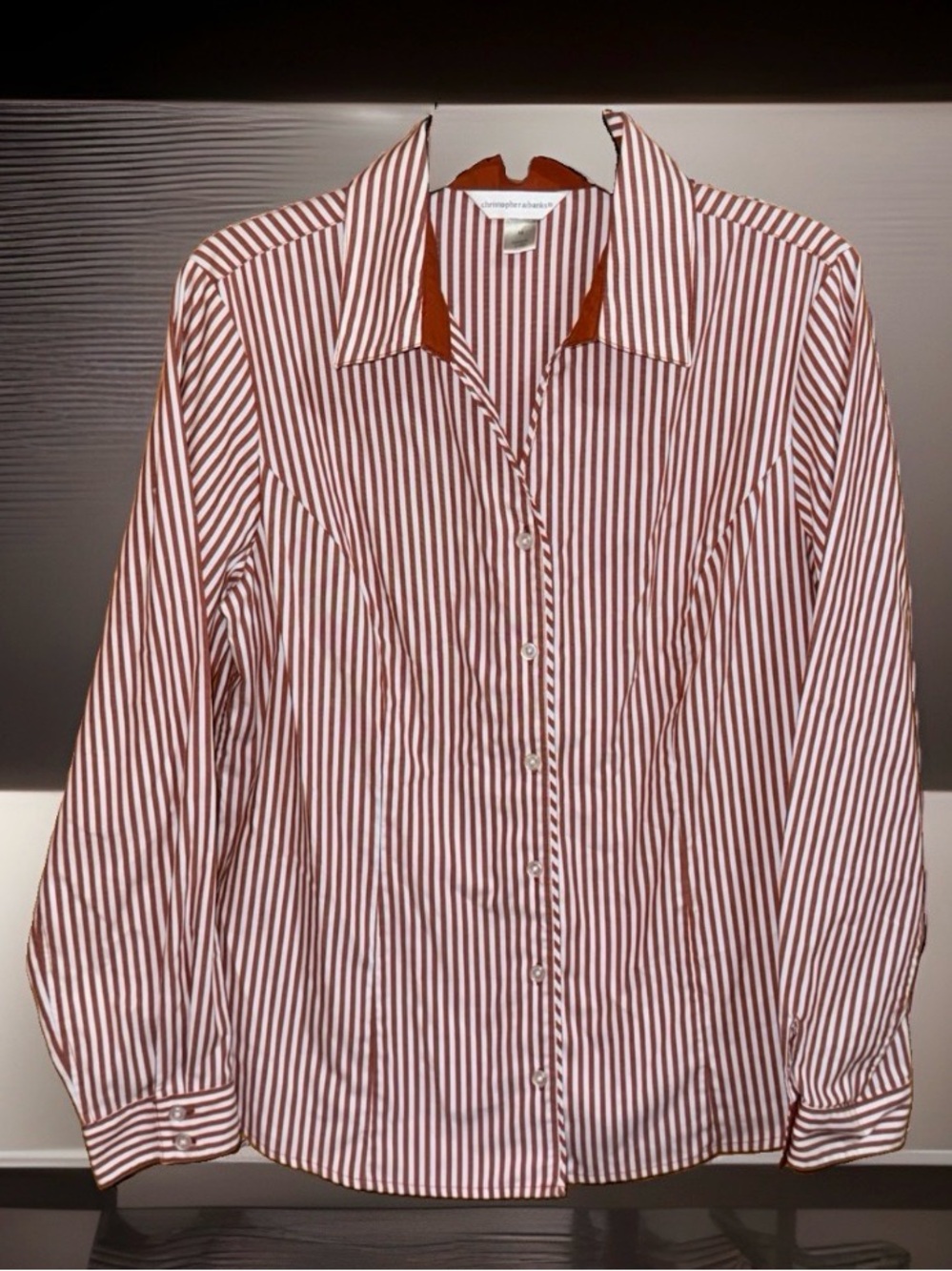 Christopher & Banks Women’s White & Muted Red Striped Button Down Shirt-M-EC